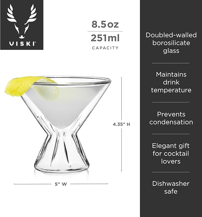 Viski Double Walled Cocktail Glasses - Insulated Martini Glasses with Cut Crystal Design - Dishwasher Safe Borosilicate Glass 8.5oz Set of 2