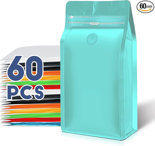Coffee Bags with Valve(60pcs,16 oz,1 lb) Vented Coffee Beans Packaging Bags High Barrier Aluminumed Foil Flat Bottom Heat Sealed Side Zipper Resealable Storage Bag for Home or Business（Blue）