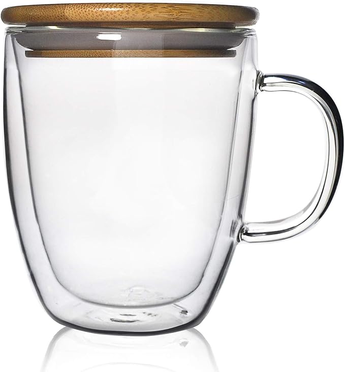 Glass Coffee Mug Double-walled Borosilicate Glass Cup for Hot or Iced Coffee, Milk, Tea (16 Oz Bamboo Lid)