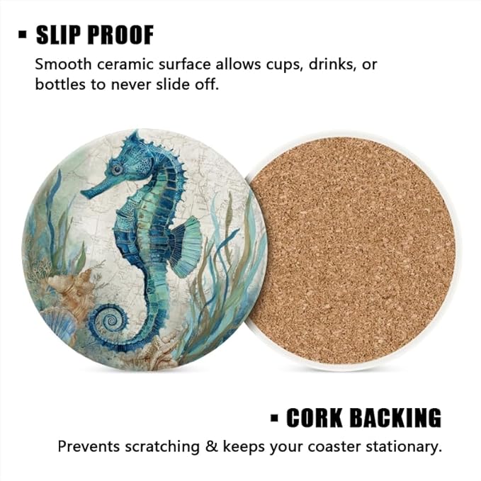 Coasters for Drink Set of 6,Vintage Marine Animal Absorbent Coasters Round Cork Bases Ceramic Coasters,Coastal Beach Coasters for Indoor/Outdoor Bar Decor,Wooden Dining Tables,Coffee Tables,4 in