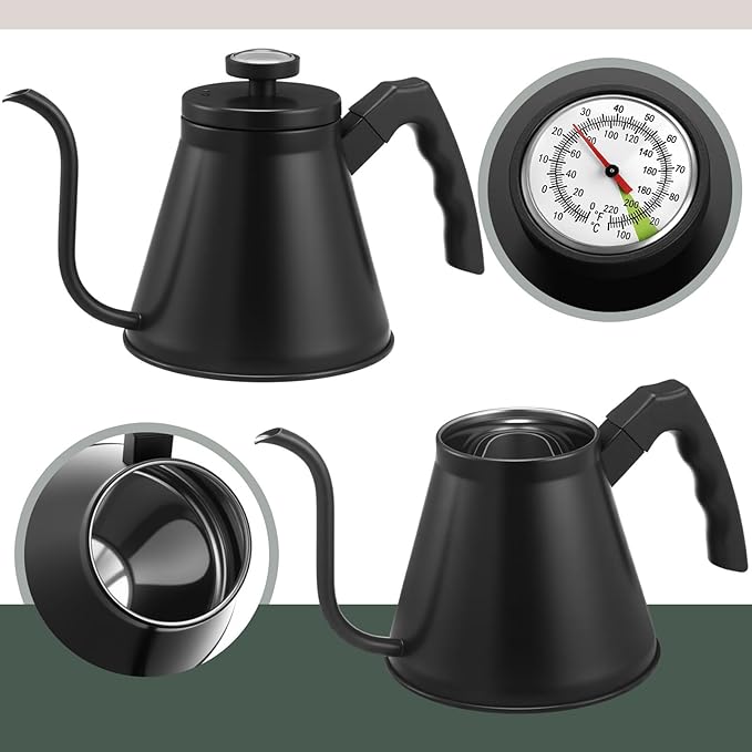 2 Pack 40 oz Gooseneck Kettle with Thermometer Stainless Steel Pour over Coffee Kettle Precision Drip Spout for Stovetop Home Kitchen Camping(Black)