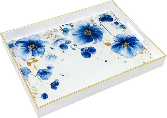 Serving Tray with Handles, 15.7 * 11.8 inches, Plastic Ottoman Tray with Exquisite Paintings, Trays for Coffee Table