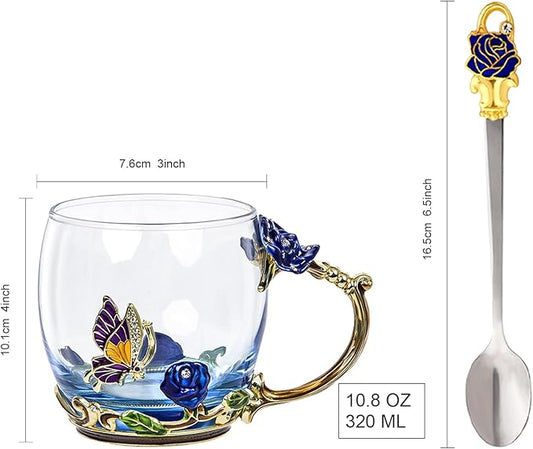 Flower Tea Cup,Butterfly Rose Clear Glass Fancy Coffee Mug with Spoon,Gift Box for Her Mom Wife Grandma Girls Women Christmas Birthday Present Idea for Juice,Hot And Cold Drinks Use