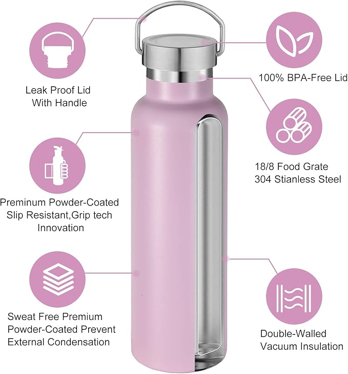 Neihepal 20 oz Insulated Water Bottles,Stainless Steel Double Wall Sport Bottle with Lid of Handle (8, Pink)
