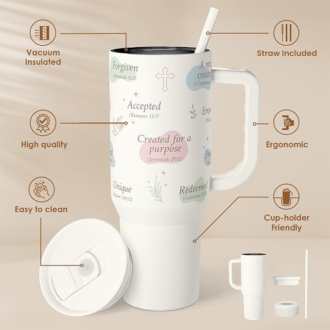 Christian Gift for Women – Inspiration Insulated Stainless Steel Tumbler with Handle and Straw - Religious Gifts for Birthday Christmas, 40oz
