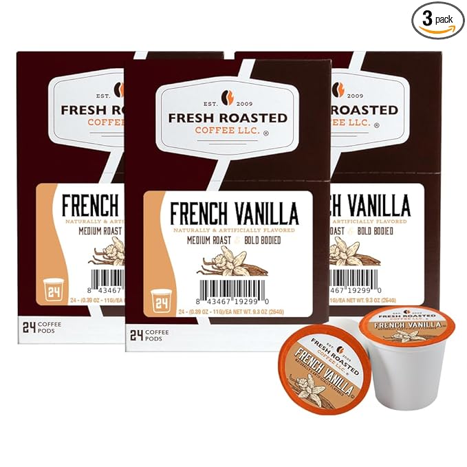 Fresh Roasted Coffee, French Vanilla, Flavored Coffee Pods, 72 Count