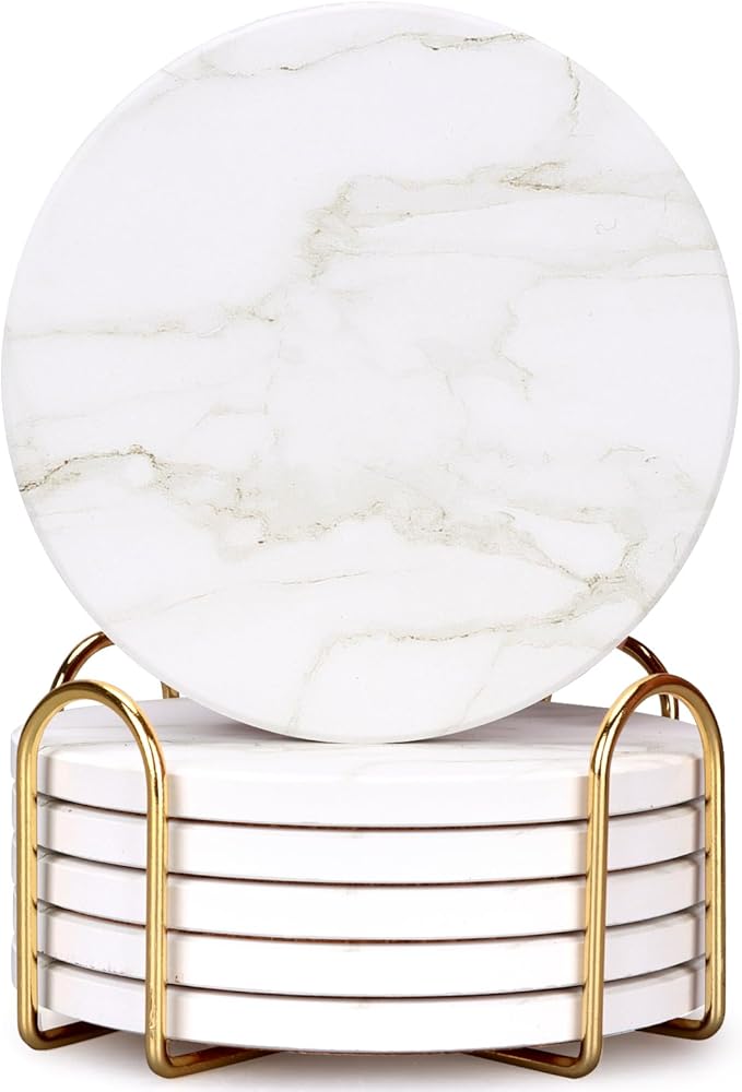 White Marble Coasters Set of 6 Best Round Ceramic Absorbent Coasters with Holder Coffee Cup Coaster Modern Drink Coaster for Bar, Table, Desk