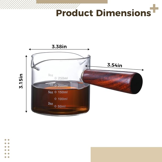 250 ML Glass Espresso Measuring Cup with Wooden Handle, Dual Pouring Spouts, Ounce & ML Measurements
