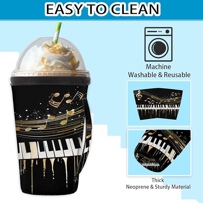 Reusable Iced Coffee Sleeve with Handle, Music Theme Neoprene Cup Sleeve Piano Keyboard Music Notes Insulator Cup Holder for Cold Drinks Beverages 16oz - 18oz