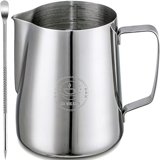 Milk Frothing Pitcher 20oz,Espresso Steaming Pitchers 600ml,Espresso Machine Accessories,Milk Frother cup 20 Oz, Coffee Cappuccino Latte Art,Stainless Steel Jug Cup with Decorating Art Pen