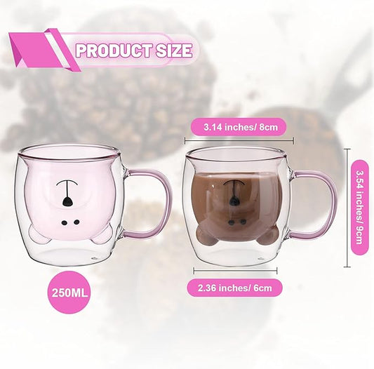 Patelai Cute Bear Tea Cup Double Wall Glass Milk Coffee Bear Mug with Handle Insulated Espresso Christmas Beer Cup Cute Birthday Gift for Women Men Valentine, 250 Ml/ 8. 4 oz(Pink,1 Piece)
