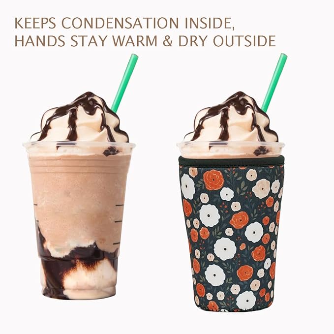 Reusable Insulated Neoprene Iced Coffee Cup Sleeve, Durable Drink Sleeve for Cold Beverages, Beverage Holder for Iced Coffee, Midnight Blooms
