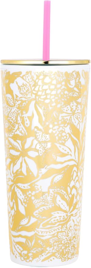 Lilly Pulitzer Gold Double Wall Tumbler with Lid and Reusable Straw, Insulated Travel Cup Holds 24 Ounces, Safari Sangria