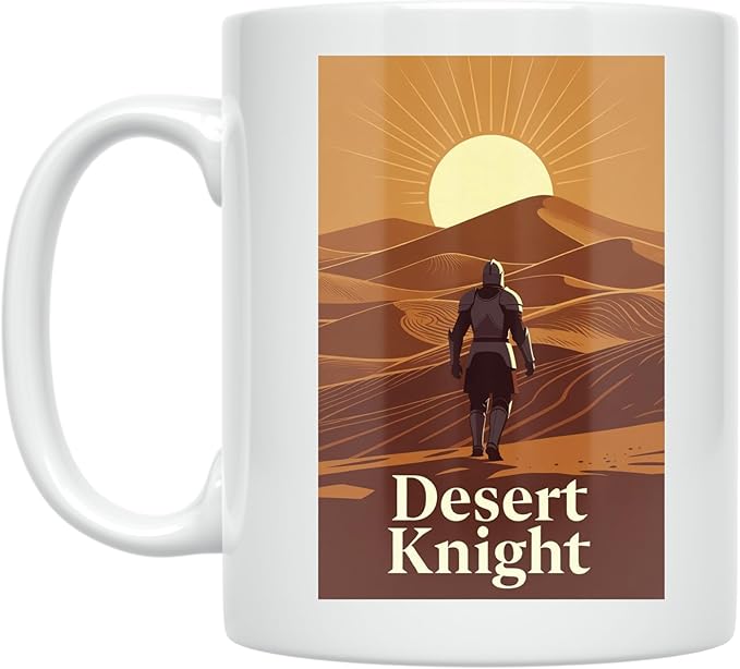 Desert Knight Adventure - Fantasy Lover - 11 oz White Ceramic Coffee Mug - Minimalist Aesthetic