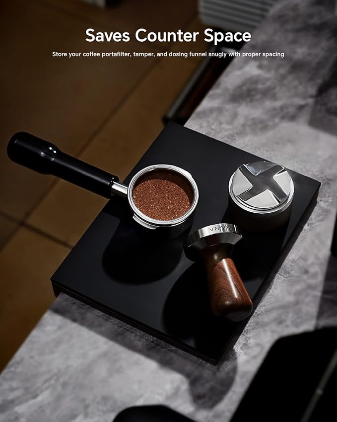 Espresso Tamping Mat - Premium Wood with Coffee Silicone Pad, Detachable Coffee Station for Barista Espresso Accessories Organizer, Corner Design Fits Coffee Bar Kitchen Counter, Walnut