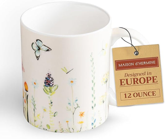 Maison d' Hermine Coffee Mug with Handles Fine Bone China Mugs Pack of One Tea Cups for Hot Beverages Cappuccino Latte Home Restaurant Office Perfect for Gift (Botanical Fresh - Meadow, 12 Ounce)