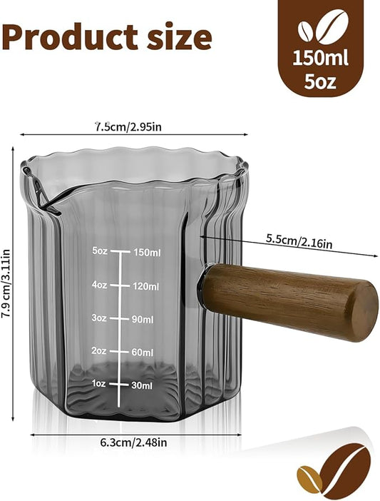 Espresso Measuring Cup 5 Oz, Espresso Glass Cups with Wood Handle, Milk Frothing Cup, Espresso Cup for Coffee, Milk, Tea or Maple Syrup Serving (Gray, 5 oz)