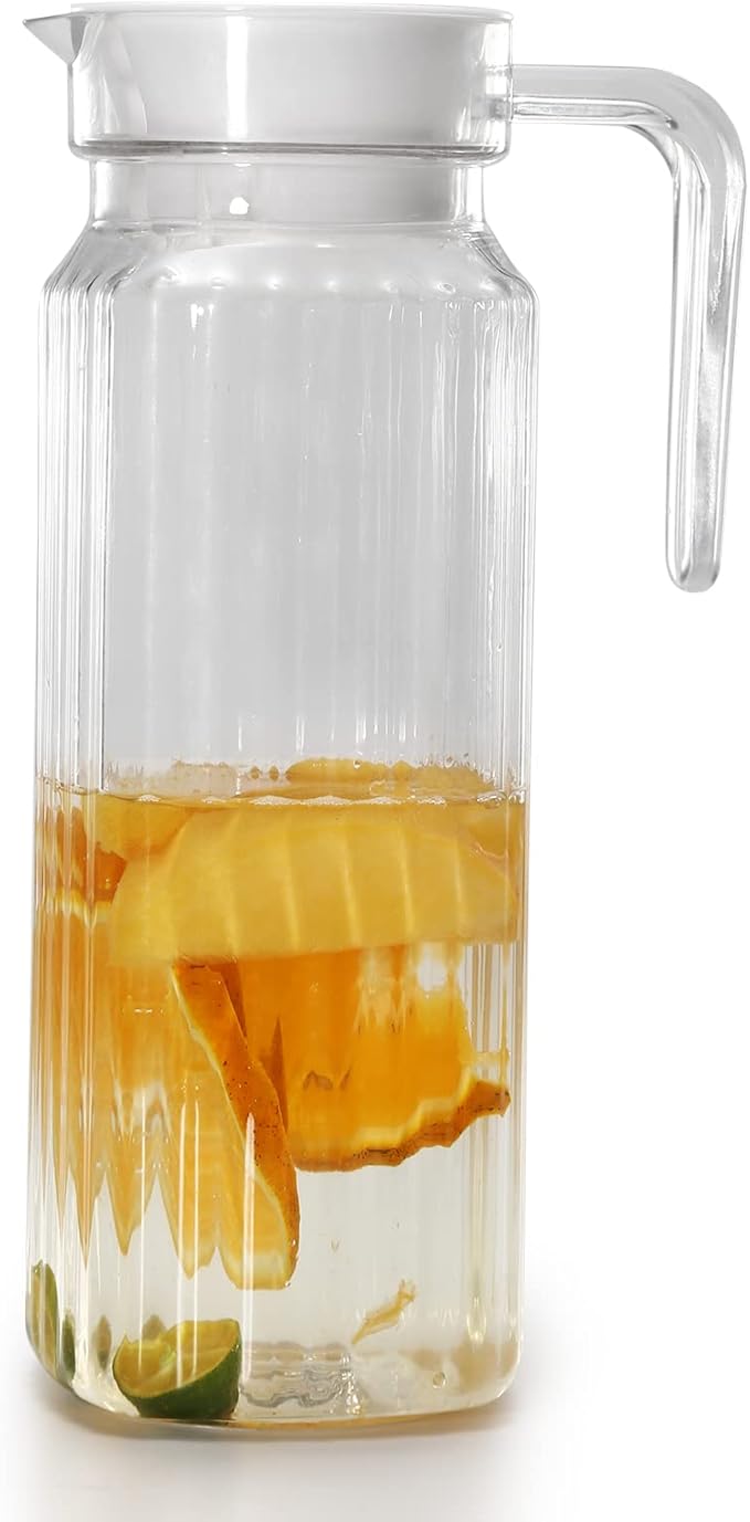Acrylic Pitcher 37 oz, OEH Unbreakable Clear Plastic Pitcher with Lid, BPA-Free, Heat-Resistant Small Plastic Water Pitcher for Tea, Sangria, Lemonade, Juice, Milk, Stripe