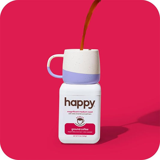 happy coffee medium roast ground coffee, 12 oz 2 pack., notes of berries & optimism, recyclable container, grown & harvested in Brazil & Colombia, raíz sustainability verified