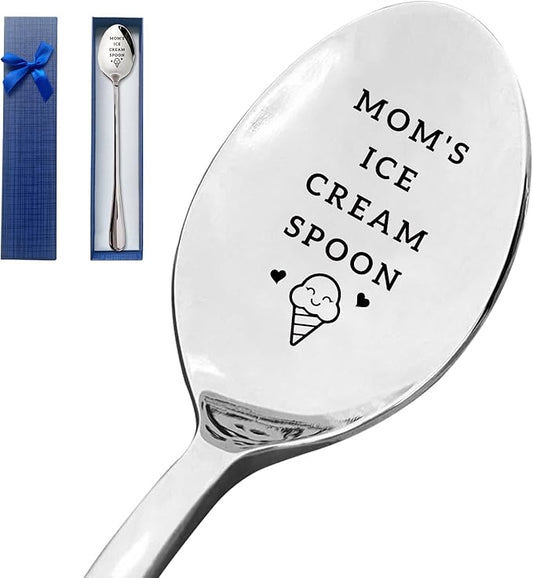 Mom's Ice Cream Spoon Funny Engraved Stainless Steel Spoon Ice Cream Lovers Gifts for Women,Mmom Gift from Daughter Son Best Birthday Valentine Mother's Day Christmas Thanksgiving Gift