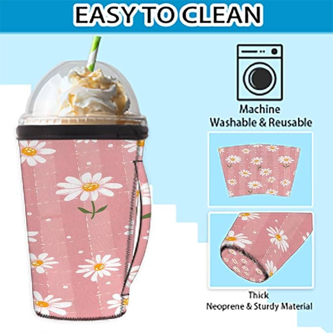 Reusable Iced Coffee Cup Sleeve Flower Daisy Neoprene Insulated Sleeves Cup Holder with handle Idea for 16oz - 18oz