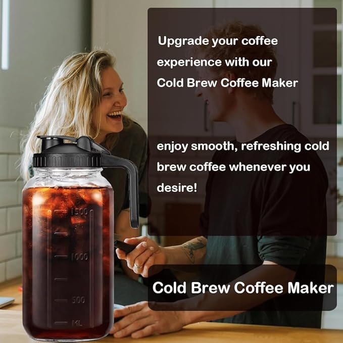 HomeCheer 64 oz (2 Quart), Black Cold Brew Coffee Maker, Iced Tea Machines, Thick Glass with Pour Spout Handle Lid, Stainless Steel Filter for Iced Coffee, Fruit Drinks or Sun Tea (1)