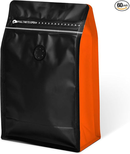 Coffee Bags with Valve(60pcs,8oz,0.5lb) Vented Coffee Beans Packaging Bags High Barrier Aluminumed Foil Flat Bottom Heat Sealed Side Zipper Resealable Storage Bag for Home or Business（Black+Orange）