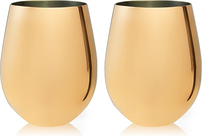 Viski Stainless Steel Wine Glasses, Modern Wine Tumblers, Elegant Drinking Glasses for Red and White Wines, Wedding Gifts, Holiday, Birthday Party, Home Bar, Drinkware Set of 2, 18 oz, Gold