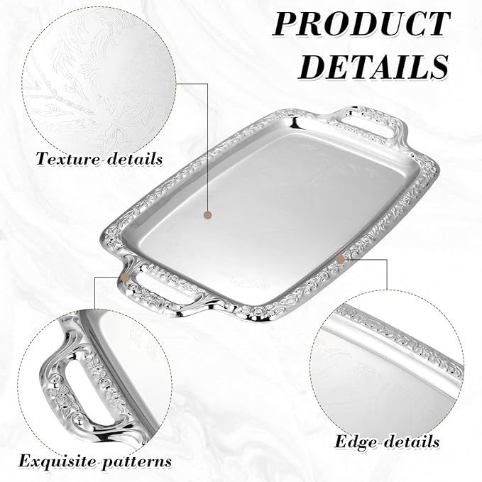 STOBAZA Silver Serving Tray, Metal Coffee Table Ottoman Tray with Handles, Rectangle Butler Plate for Breakfast in Bed, Table Decor - 15.3X9X0.67inch