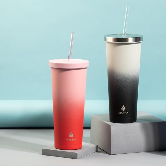 Manna Chilly Double-wall Vacuum Insulated Stainless Steel Tumbler with Splash-proof Lid and Reusable Tritan Straw - 24 Oz - Red Ombre