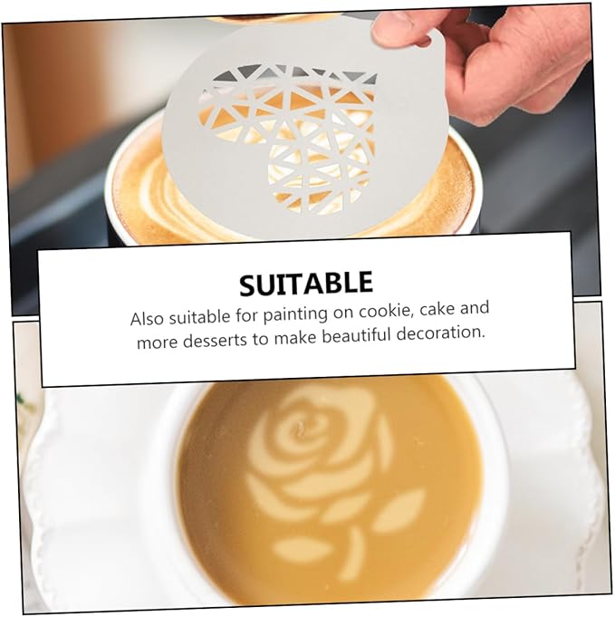 6 Pcs Stainless Steel Coffee Stencils Latte Art Templates for Cappuccino Milk Spray Tools DIY Coffee Decorating for Cakes Cookies and Desserts