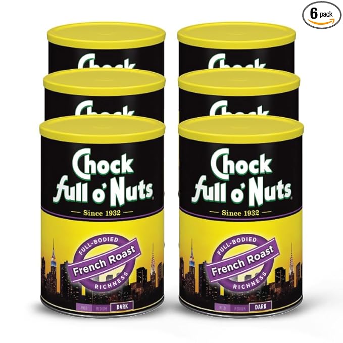 Chock Full o' Nuts French Roast Ground Coffee – Premium Beans in Recyclable Steel Can – Rich Flavor & Aroma, Dark Roast – Perfect for Drip, Pour-Over, Percolator – 10.3 Oz Can, Pack of 6