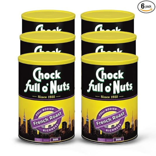 Chock Full o' Nuts French Roast Ground Coffee – Premium Beans in Recyclable Steel Can – Rich Flavor & Aroma, Dark Roast – Perfect for Drip, Pour-Over, Percolator – 10.3 Oz Can, Pack of 6