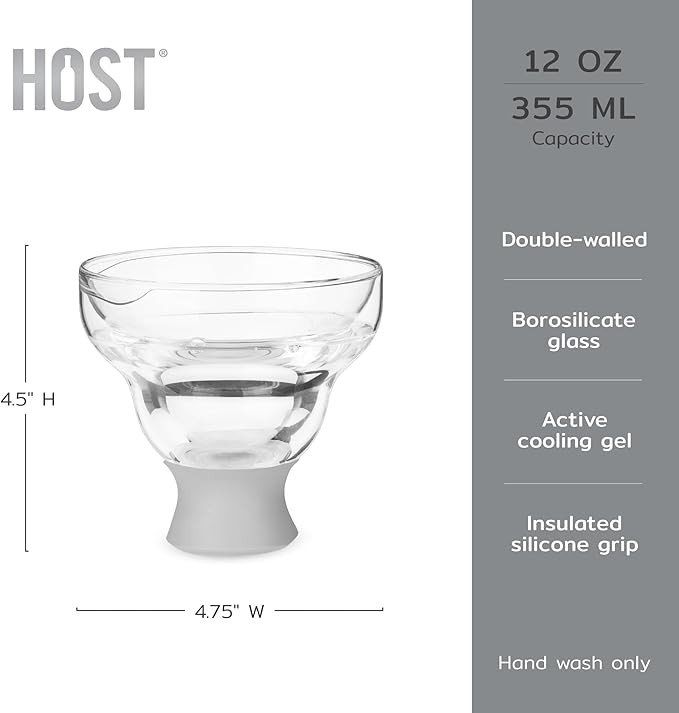 Host Glass Freeze Stemless Margarita Glasses Drinking Set, Insulated Cocktail Glass Set with Silicone Band, 12oz Margarita Glasses Set of 2 in Gray