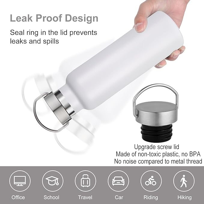 Neihepal 20 oz Insulated Water Bottles,Stainless Steel Double Wall Sport Bottle with Lid of Handle (8, White)