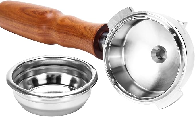 DIBTSA 58mm Espresso Portafilter Compatible with Nuova Simonelli,Double Spouts 2 Ears, with Stainless Steel Head and Filter Basket and Wood Handle