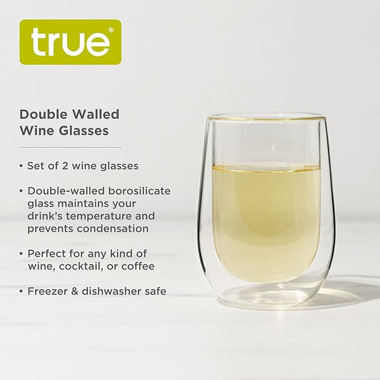 True Double Walled Stemless Wine Glasses, 10 oz Borosilicate Glass Cups for Red and White Wines, Insulated Cocktail Glasses, Clear Iced Coffee Cups, Home Bar Glassware, Wine Lovers Gifts, Set of 2