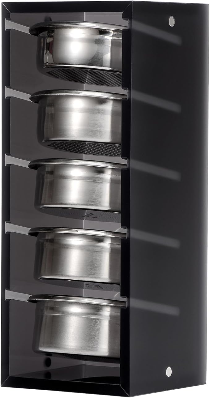Normcore 58mm Portafilter Basket Storage Holder, Holds 5 Espresso Filter Basket Rack Acrylic Stand for 58mm Portafilter Baskets, Frosted Black
