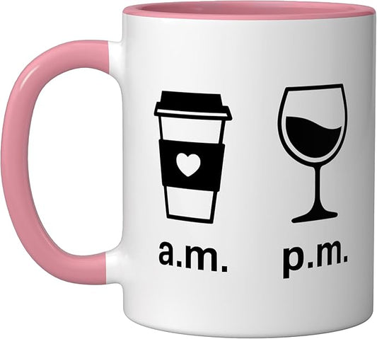 Coffee AM Wine PM - Funny Minimalist Coffee Wine Lover Ceramic Mug, Pink/White