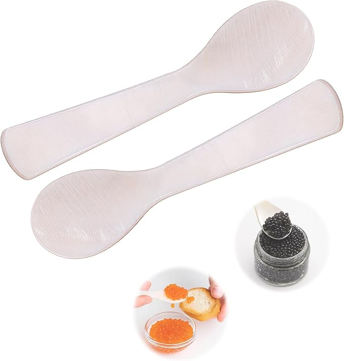 Caviar Spoons, Mother of Pearl Caviar Spoon Set of 2 with Hand Craft W Round Handle for Egg, Ice Cream, Coffee, Restaurant Serving(3.5'')