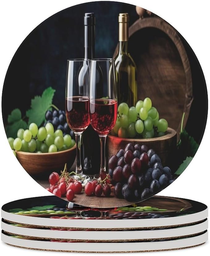 Round-4PCS Red Wine Ceramic Coasters, Round Absorbent Drink Coasters, Retro Wood Style Red Wine Bottle and Grapes Plant Pattern Ceramic Table Coasters for Coffee, Beverage, Wine, Beer Coasters