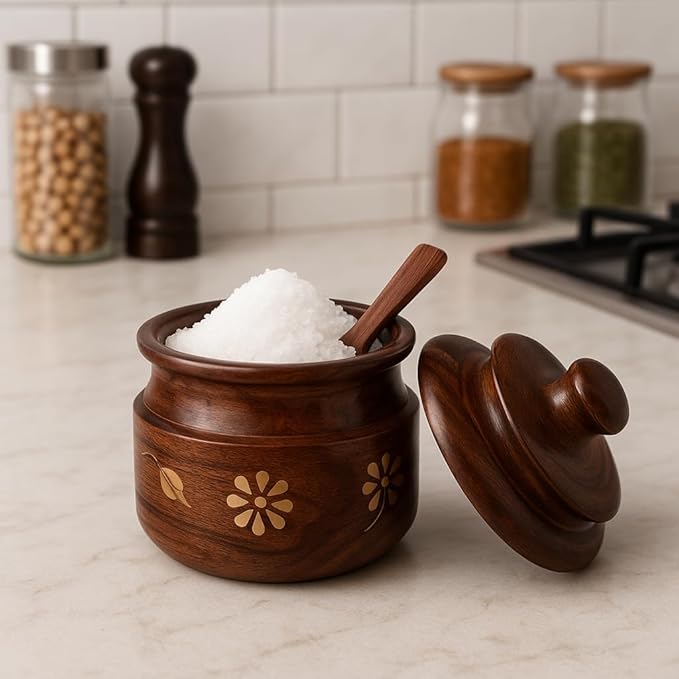 Handcrafted Sheesham Wood Spice Jar with Spoon & Lid | Decorative Wooden Sugar/Spice Container with Brass Inlay | Traditional Kitchen Storage Pot