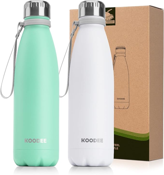 koodee Insulated Water Bottle 2 Pack -17 oz Stainless Steel Double Wall Vacuum Insulated Water Bottle, Cola Shape Leak Proof Sports Flask (White-Aquamarine Blue)