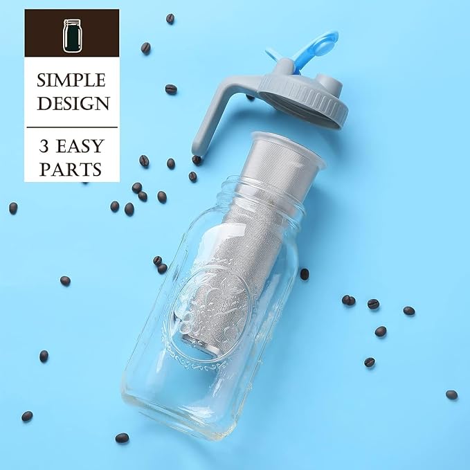 Coffee Strainer Stainless Steel Mesh Filter- 2 Quart (64 oz)- 2pcs Wide Mouth Flip Cap Lids with Handle for Ball Mason Jar (Blue & Yellow), Suitable for Cold Brew, Lemonade, Iced Tea and Iced Coffee