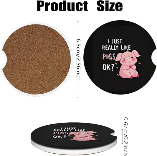 Car Cup Holder Coasters, 2 Pcs Ceramic Coasters with Finger Slot and Cork Back, Anti-Slip Shock Absorbing Women and Men Universal Car Accessories - Pigs