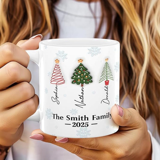 Joymade Personalized Ceramic Coffee Mug, Funny Custom Mug for Bestie, Friends, Couple, Coworker, Snowman Lovers (Family Christmas Tree Names)