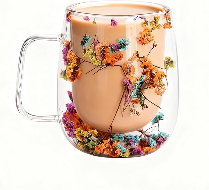 Double Wall Glass Coffee Mug, Clear Flower Tea Cup with Handle, Insulated Glass for Hot and Cold Drinks, Heat Resistant Glass Cup for Latte Cappuccino Espresso 350ml