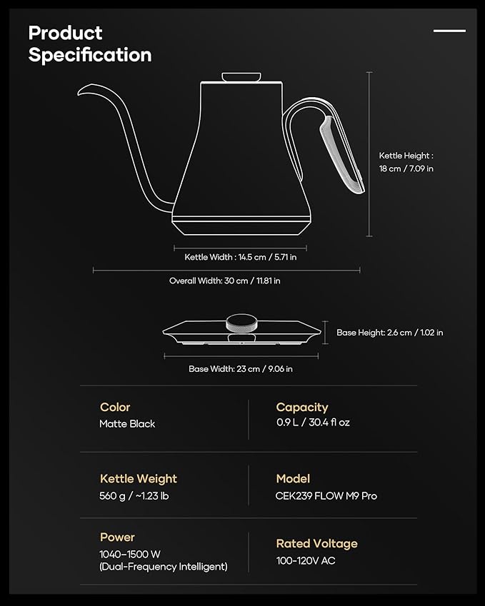 Cocinare Collab Collection Chanior Black Gooseneck Electric Kettle, ±0.5℉ Precise Temperature Control for Pour-Over Coffee & Tea, Quick Heating 1500W, Stainless Steel Interior, 0.9L