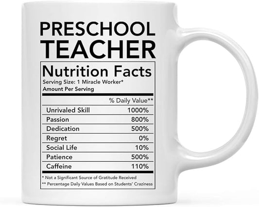 Andaz Press Funny 11oz. Ceramic Coffee Tea Mug Thank You Gift, Preschool Teacher Nutritional Facts, 1-Pack