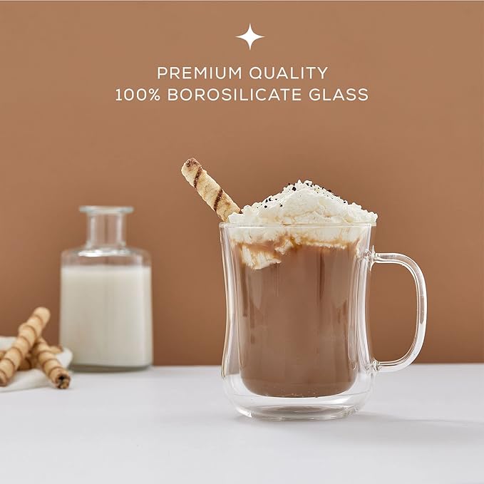 JoyJolt Double Wall Glass Coffee Mugs - 13.5oz Diner Mug Set of 2. Insulated, Clear Glasses That Don't Sweat, Perfect for Cappuccino, Latte, BV174